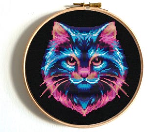 Funny neon cat cross stitch pattern, Human anatomy xstitch, Spooky and Quirky, Unique embroidery pattern, Digital Instant download
