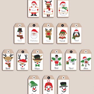Puede incluir: Un conjunto de etiquetas de regalo navide&ntilde;as con dise&ntilde;os bordados de personajes festivos como Pap&aacute; Noel, renos y mu&ntilde;ecos de nieve. Cada etiqueta tiene espacio para texto y est&aacute; sobre un fondo neutro.