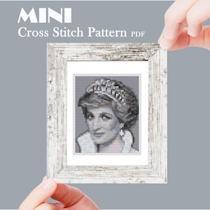Diana Princess mini cross stitch pattern, Modern tiny art portrait, Small miniature picture, Digital Instant download PDF