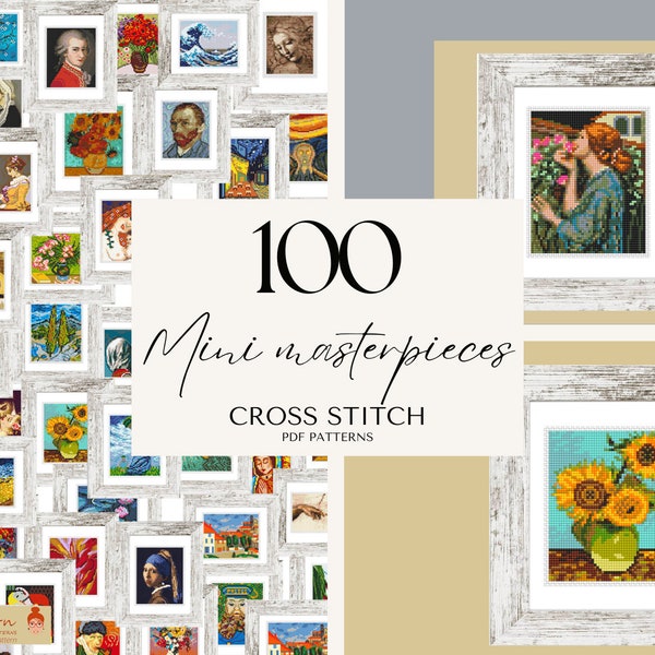 Mini masterpieces Cross Stitch Patterns Set of 100 Art Van Gogh Modern cross stitch bundle Tiny famous paintings Beginner pattern