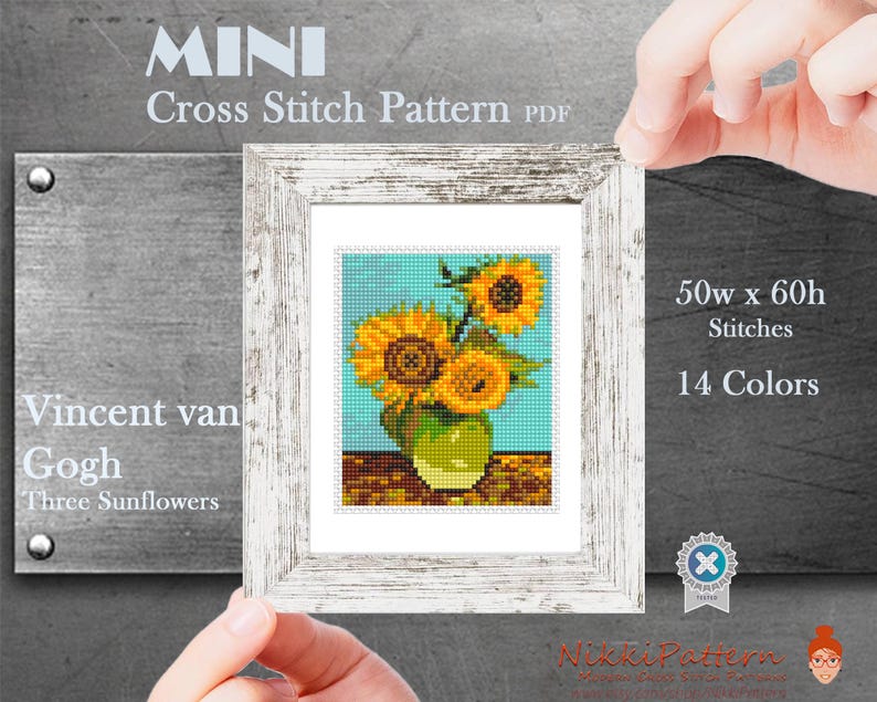 A cross stitch pattern of Vincent van Gogh's Three Sunflowers. The pattern is in a white frame and shows three sunflowers in a vase. The pattern is 50 stitches wide and 60 stitches high and uses 14 colors. The text 'MINI Cross Stitch Pattern PDF' is at the top of the image. The text 'Vincent van Gogh Three Sunflowers' is on the left side of the image. The text '50w x 60h Stitches 14 Colors' is on the right side of the image.
