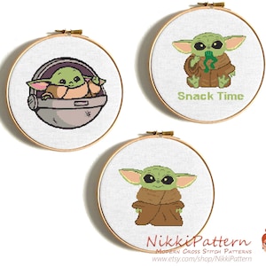 Green baby cross stitch pattern, Star fantasy cross stitch PDF pattern Set of 3 Alien Snack time