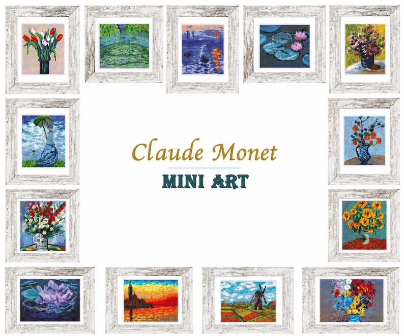 May include: A collection of framed mini art prints featuring floral and landscape paintings in a variety of styles. The prints are displayed in white distressed wooden frames. The text "Claude Monet MINI ART" is in the center.