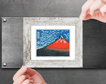 Mini Kunst Kreuzstich Stickmuster, Roter Fuji von Hokusai, berühmte kleine Miniaturmalerei, einfache Stickerei, digitaler sofort download