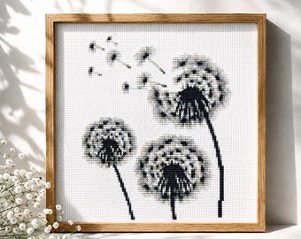 Dandelion Cross Stitch Pattern, Easy PDF for Beginners, Floral Design, Wildflower monochrome embroidery, Digital Instant download PDF