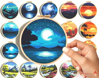 Mountain landscape cross stitch pattern set of 14 Embroidery hoop art, National parks, Aurora Borealis, Desert, Sunrise, Nature, Sunset