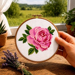 Könnte beinhalten: Kreuzstich-Stickerei einer rosa Rose mit grünen Blättern, in einem Holzreifen. Das florale Design befindet sich auf weißem Stoff. Der Reifen wird vor einem Fenster mit Blick auf ein grünes Feld gehalten.