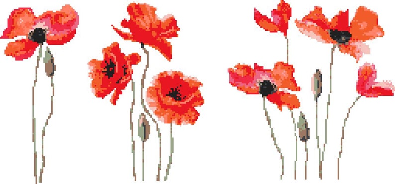 Poppy Cross Stitch Pattern PDF Easy cross stitch Poppies Set 3in1 Modern Embroidery Red poppy cross stitch Floral Natural Art Watercolor image 5