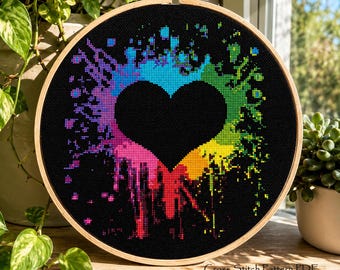 Regenboog hart kruissteekpatroon, moderne kleur splash hart silhouet, liefde borduurwerk pdf-grafiek, instant download