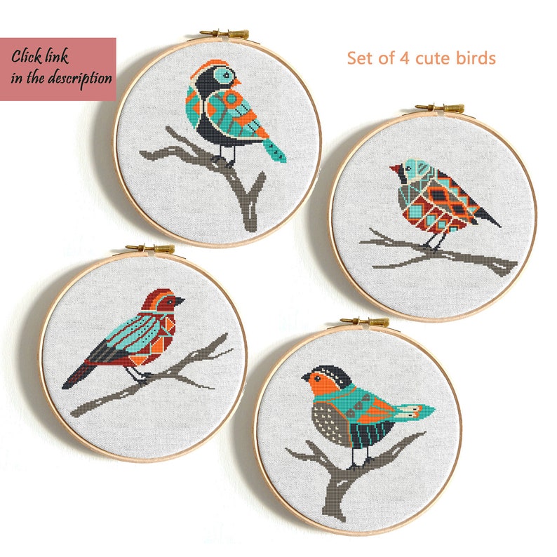 Birds Counted cross stitch pattern PDF Floral cross stitch Cute Bird on branch Modern cross stitch Animals cross stitch Easy cross stitch