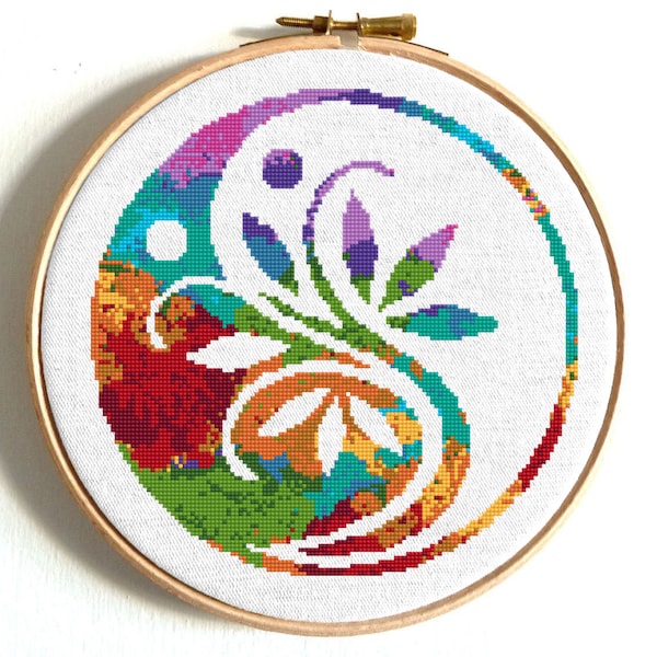 Mandala cross stitch pattern, Floral Yin Yang watercolor embroidery design, Counted cross stitch PDF silhouette hoop art Modern wall hanging