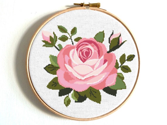 ピンクのバラのクロスステッチパターンPDF – 花の刺繍デザイン