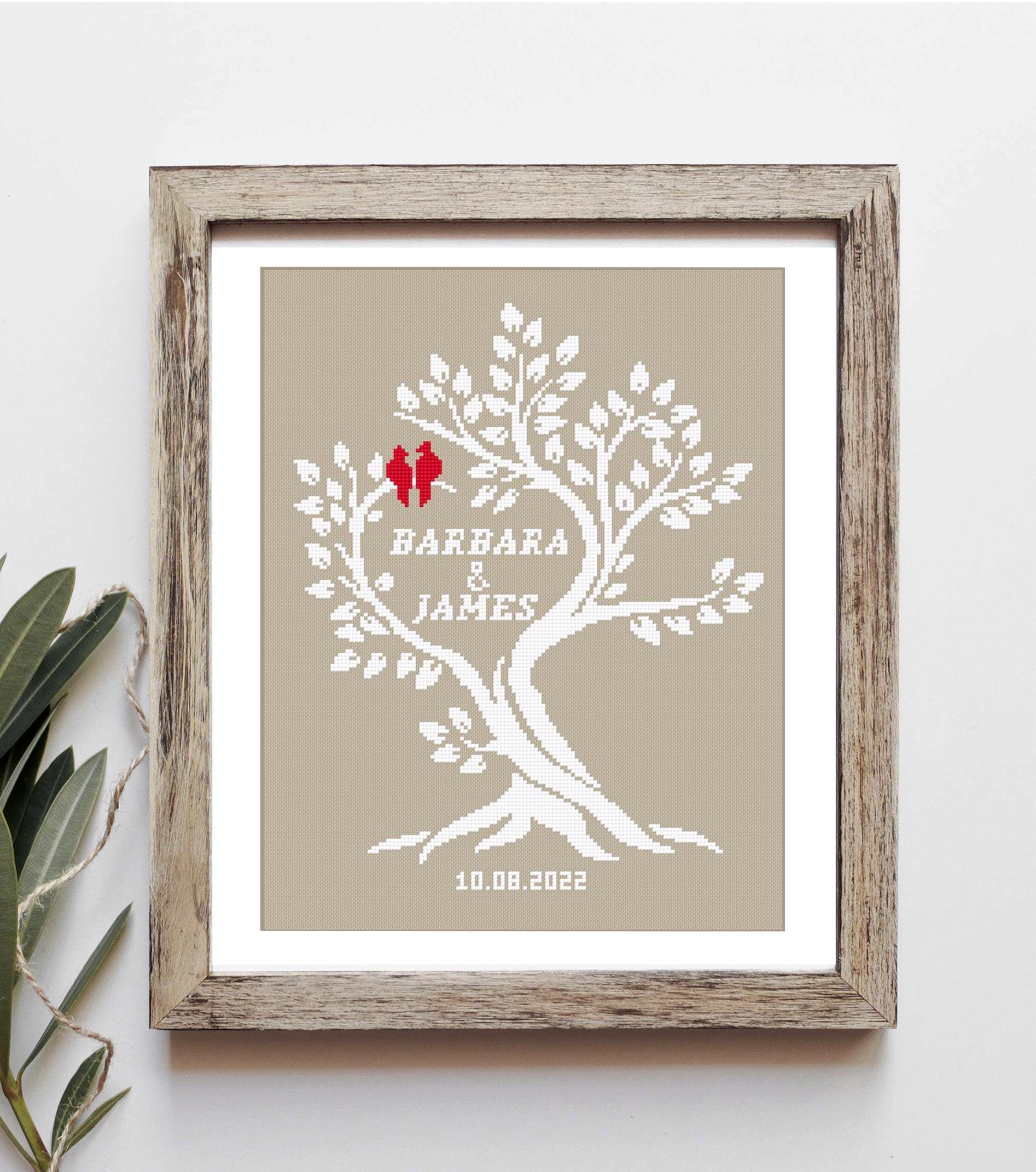 Wedding tree with birds modern cross stitch pattern, Personalized name, Custom name, Love Tree Anniversary DIY gift, Digital download