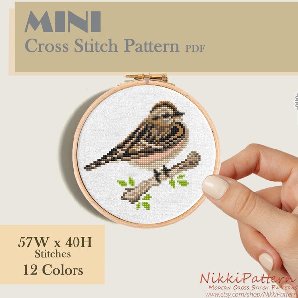 Mini bird cross stitch pattern Chipping Sparrow embroidery Watercolor bird cross stitch chart Counted cross stitch PDF Instant download