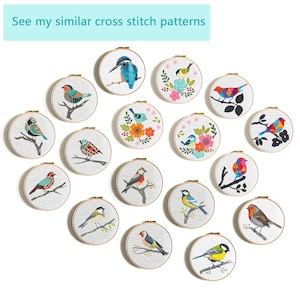 Small bird cross stitch pattern bundle, Robin bird, Kingfishers, Great Tit, cute singing birds counted cross stitch, easy cross stitch PDF image 8