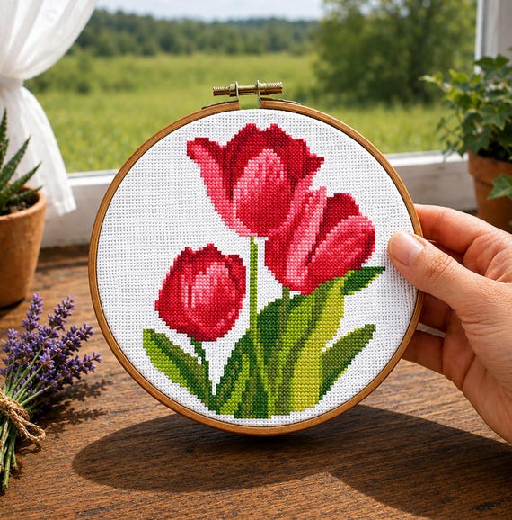 赤いチューリップのクロスステッチパターン。ミニフラワー刺繍デザイン