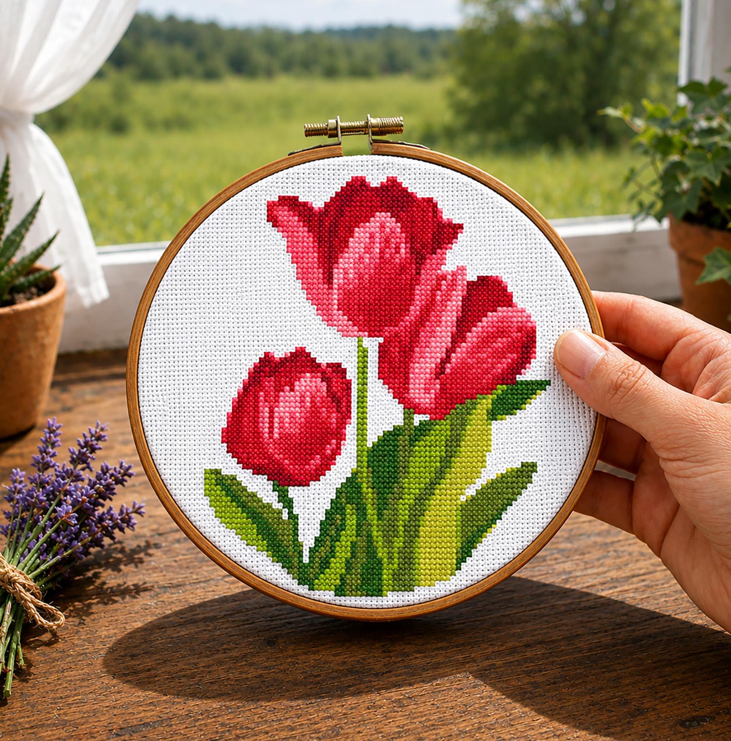 トップス MEDI VINTAGE FLOWER EMBROIDERY AMERI Red Tulips Floral Cross Stitch Pattern. Mini Flowers Embroidery