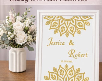 Wedding modern cross stitch pattern, DIY Personalized name, Custom name, Monochrome  mandala, Love Anniversary gift, Digital download PDF