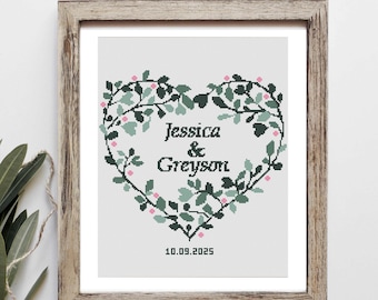 Wedding Heart Cross Stitch Pattern PDF, DIY Add Your Names, Modern Anniversary Gift, Alphabet Letters Included, Instant Download