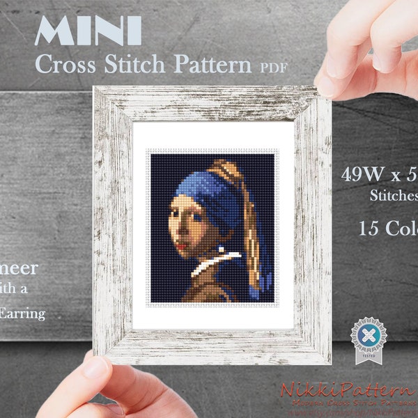 Mini cross stitch pattern Modern tiny art - Girl with a Pearl Earring by Vermeer Famous art miniature painting cross stitch easy PDF pattern