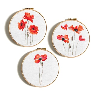Floral Cross Stitch Pattern, Red Poppies embroidery, Set 3in1 Modern design,Floral art Natural home decor, Digital Instant download