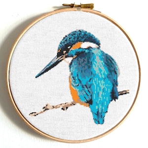 Kingfisher cross stitch pattern PDF, bird embroidery design, nature art, digital download. Small counted Xstitch chart.