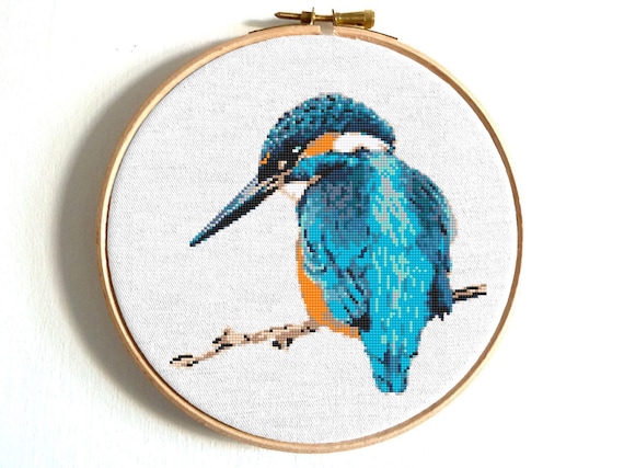 カワセミのクロスステッチ図案PDF、鳥の刺繍デザイン、自然