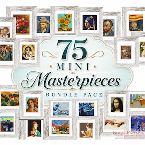 Pode incluir: Uma coleção de 75 mini padrões de ponto cruz de obras-primas famosas, incluindo "Noite Estrelada" de Van Gogh e "Mona Lisa" de Da Vinci, apresentados em molduras de madeira brancas. O texto "75 MINI Masterpieces BUNDLE PACK" também é visível.