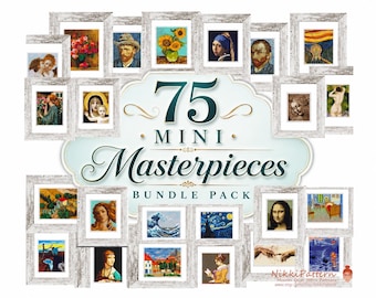 Set of 75 mini masterpieces cross stitch patterns, Van Gogh, Monet, Renoir, Michelangelo, Klimt tiny famous paintings, Tiny embroidery art