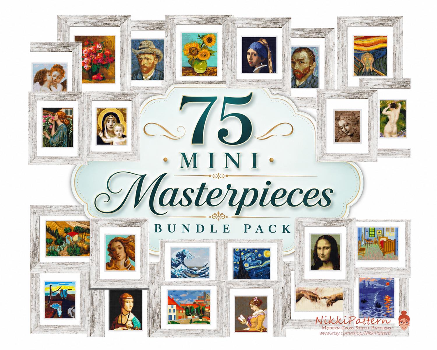 Set of 75 Mini Masterpieces Cross Stitch Patterns, Van Gogh, Monet