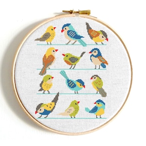 Mini birds cross stitch PDF pattern. Funny small bird, Cute singing birds. Easy and small embroidery, Digital Instant download PDF