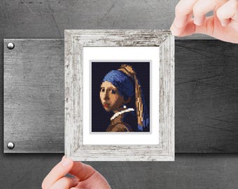Mini cross stitch pattern Modern tiny art - Girl with a Pearl Earring by Vermeer Famous art miniature painting cross stitch easy PDF pattern