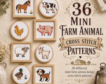 Farm Animal Cross Stitch Pattern Bundle, 36 Rustic Farm Designs PDF, Chicken & Poultry Bundle: Rooster Hen Goose Duck, Country birds