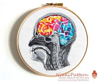 May include: Cross stitch pattern of a human head with a colourful brain inside. The brain is made up of different colours, including red, orange, yellow, blue, and purple. The head is in a grey and white colour scheme. The pattern is in a hoop.