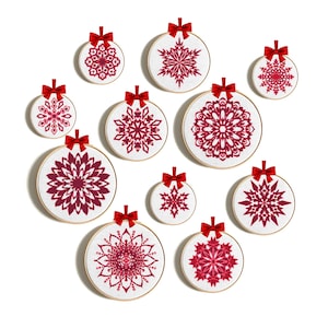 Christmas Snowflakes cross stitch pattern, DIY to Kids, Set of 11 mini embroidery, Digital Instant download PDF, Red mandala flower