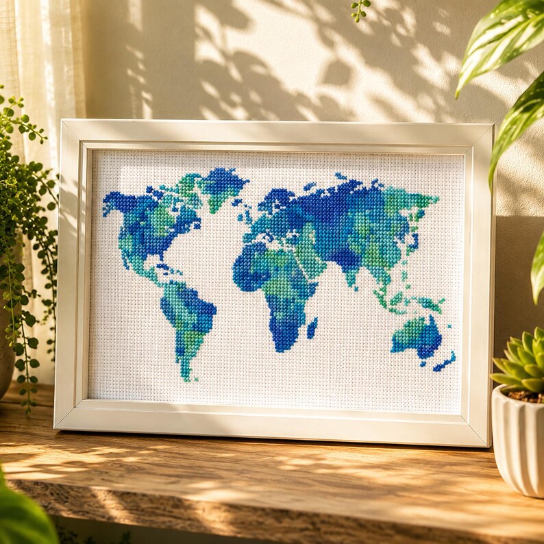 May include: A framed cross-stitch of a world map, featuring continents in shades of blue and green against a white background. The artwork is displayed in a white frame and rests on a wooden surface. The piece is a decorative item.
