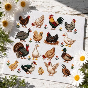 May include: A white cross-stitch sampler featuring various poultry, including chickens, ducks, and a turkey. The birds are depicted in a detailed, colorful style, with small floral accents. The sampler is surrounded by daisies and greenery.
