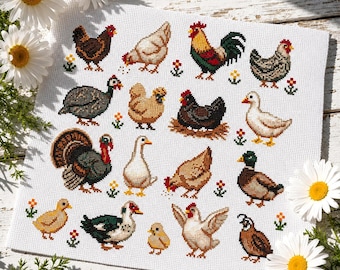 Küken Kreuzstichmuster Bundle, PDF, Hahn Henne Gans Ente, Bauernhof Tiere, Land Vögel, Bauernhaus Küche Dekor