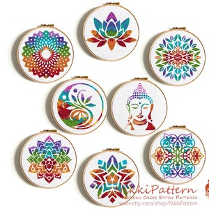 Mandala Cross stitch patterns set Modern cross stitch Buddha Counted cross stitch Silhouette Hoop Art Watercolor Lotus Flower Yin Yang Yoga