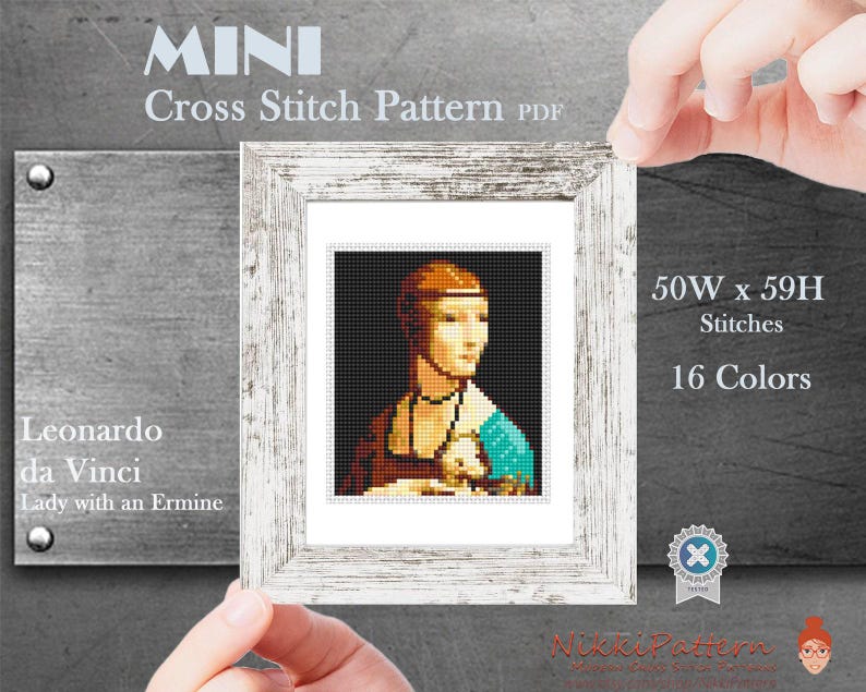 May include: A framed cross-stitch pattern of Leonardo da Vinci's "Lady with an Ermine." The image is a pixelated rendition of the painting, with a woman in a brown dress and a turquoise sleeve. The frame is white, and the pattern is 50 stitches wide and 59 stitches high.