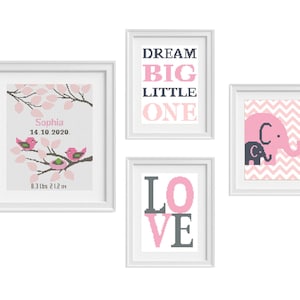 Birth announcement modern cross stitch pattern, Girl nursery decor, DIY birth sampler, counted Embroidery pattern, Instant download PDF