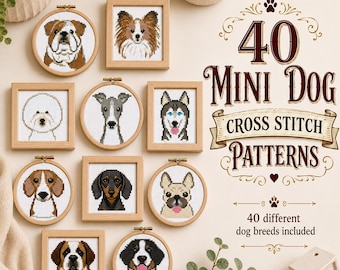 40 Mini Dog Cross Stitch Patterns PDF, Small Portraits, Dog Breed Embroidery Bundle, Instant download