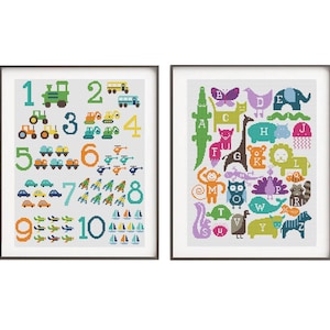 Alphabet Kreuzstich Muster, Buchstaben mit Tieren, Zahlen mit LKWs, digitaler Download
