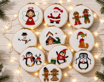 10 Christmas Cross Stitch Patterns, Santa, Snowman, Gingerbread & Penguin Holiday Cross Stitch PDF, Mini Xmas Embroidery Bundle