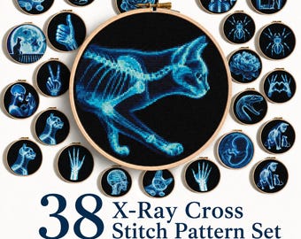 38 X-Ray Cross Stitch Patterns, Skeleton Anatomy Bundle, Gothic Cat & Animal Embroidery PDF, Medical Embroidery, Instant Download