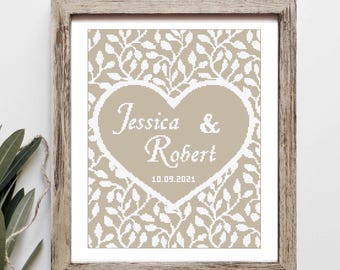 Wedding modern cross stitch pattern, personalized counted cross stitch chart, love, anniversary, wedding gift, Customizable DIY Heart