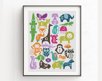 Baby cross stitch pattern, Elephant, fox Monkey, lion, dog, owl alphabet embroidery, Baby shower DIY gift, Wild animal nursery decor