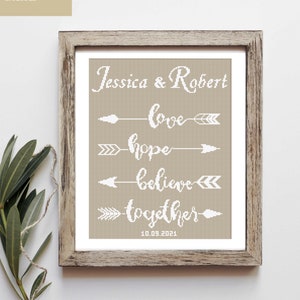 Wedding modern cross stitch pattern, Boho love inspirational quotes, arrow, personalized counted cross stitch PDF, anniversary gift DIY