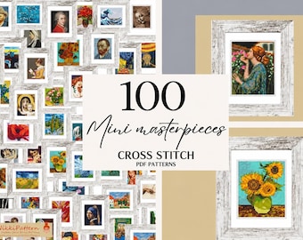 100 Mini Art Cross Stitch Patterns PDF, Tiny Famous Paintings, Van Gogh, Starry Night, Mona Lisa, Monet, Renoir, Degas, Mini Masterpieces