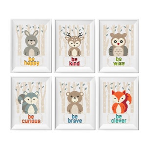 Baby Kreuzstich Stickmuster, Wald Tiere, Be clever, be Brave Be Art, Kinderzimmer Deko Stickbild, Fuchs, Bär, Hase, Reh, Kaninchen DIY